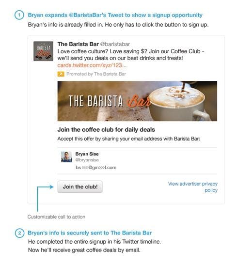 This example from Barista Bar shows how they've integrated Twitter with their email list to encourage sign ups.